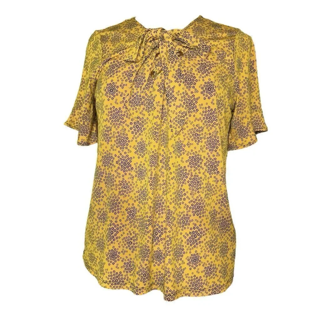 Michael Kors Sz M Floral Tie Flare Sleeve Popover Tunic Blouse Shirt Gold HW